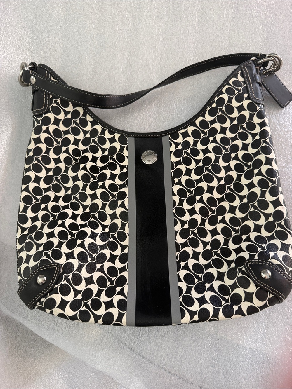 Coach Black and Cream Signature Shoulder Bag with Center Stripe